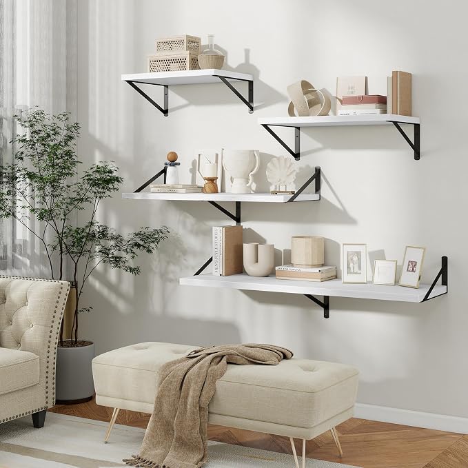 Floating Shelves 12 Inch Deep, 16W x 12D Wall Shelf Set of 2, 35 lbs Heavy Duty Reversible Metal Brackets, Deep Industrial Book Shelf for Living Room Kitchen Bath Bedroom Coffee Bar, White
