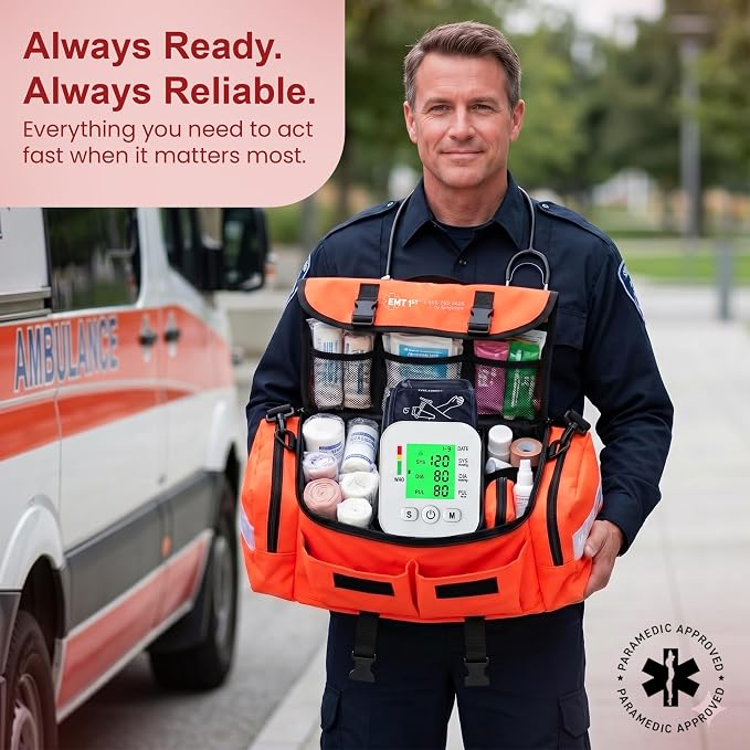 EMT 1st 362 Pcs Emergency Responder First Aid Kit with Digital BP Cuff & First Aid Guide Book - Emergency Bag with 40 Unique Items -Large First Aid Kit for Car, Travel, Home, Hiking, Camping & Outdoor