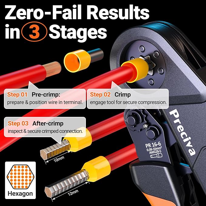 Preciva Ferrule Crimping Tool Kit - AWG 28-5 (0.08-16mm²) Hexagonal Ferrule Crimper with 1500Pcs Ferrules Connectors and 150Pcs Cable Ties, Self-Adjustable Ratchet Ferrule Terminals Crimping Tool