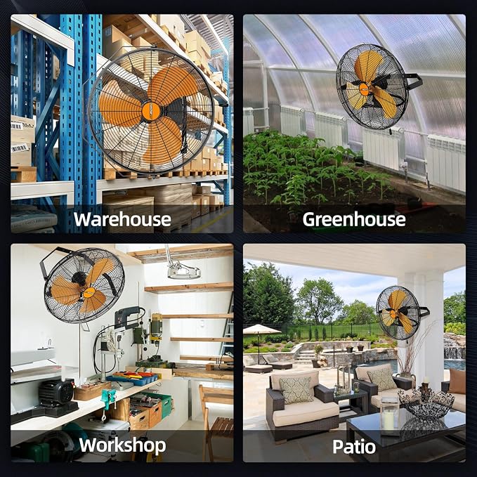 18 inch Industrial Wall-Mount Fan, 4250 CFM High Velocity Metal Commercial Fan, 3 Speed, Adjustable Tilt, for Garage, Greenhouse, Covered Patio, Workshop, Gym Room, Basement
