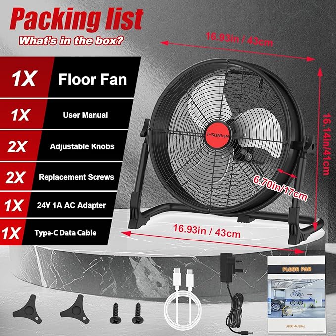 T-SUNiceM 12" Cordless Jobsite Fan Compatible with Milwaukee M18 18V Batteries, Battery Powered Floor Fan with AC Adapter, 1500 CFM Strong Airflow, Adjustable Speed, Tilt Head, USB Output, Tool Only
