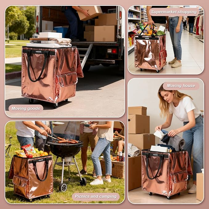 (Small,Rose Gold) Reusable Grocery Bag on 4 Wheels, 60L Foldable Rolling Tote Bag with 3 Handles and Zipper, Rolling Shopping Cart for Groceries, Storage, Laundry, Travel, Organizer, 66lb