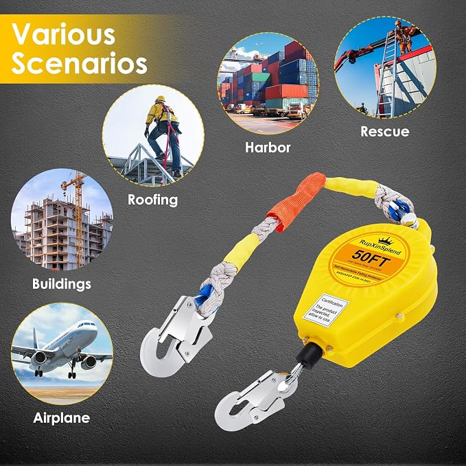 Fall Arrester Protector Self Retractable 50FT Fall Protection Gear Double Locking, Dual PPE+Alloy Steel housing Heavy Duty Lifeline Safety Lanyard Rope Cable Wire Roofing Construction