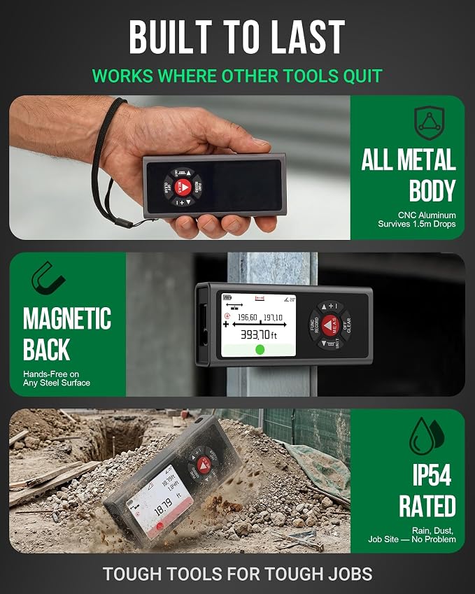 Dual Laser Measuring Tool 393Ft — Measure Both Directions at Once, Rechargeable Distance Meter with Angle Sensor & Level Bubble, 10 Modes for Construction and Home Renovation, IP54 Aluminum