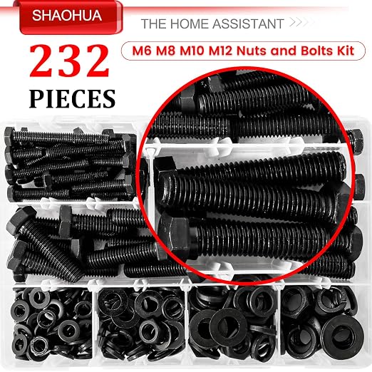 M6 M8 M10 M12 Metric Bolts and Nuts Assortment Kit 16MM to 60MM Grade 8 Hex Head Nuts Bolts Washers Assortment 15 Metric Sizes Nuts and Bolts Assortment Kit with Storage Case, 232PCS, Black