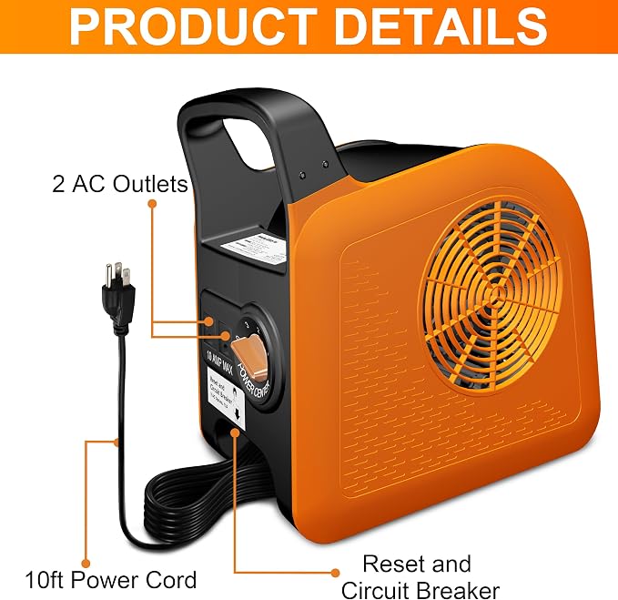 Portable Blower Fan for Home: High Velocity Floor Fans for Cooling and Drying - Air Mover with 185° Rotating for Bedroom, Garage, Shop and Gym, 3 Speeds Utility Fan with 2 AC Outlets, Orange