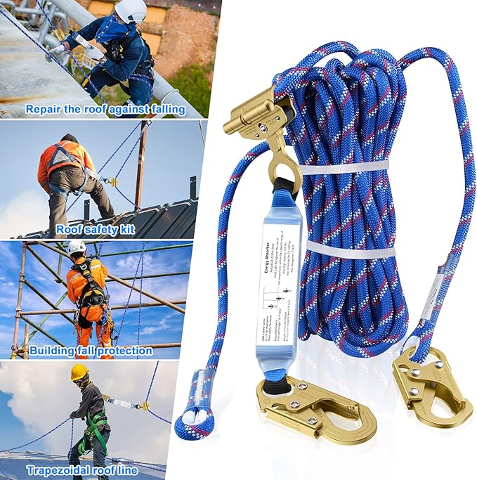 100FT Vertical Lifeline Assembly,Fall Protection Rope with Two Rope Grab Snap Hooks, Shock Absorber,Safety Climbing Equipment Roofing Safety Kit, CE ANSI