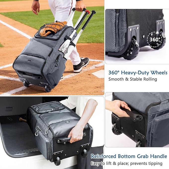 Large Rolling Baseball Catchers Gear Bag with Wheels, Softball Bag with Hard Backing for 4 Bats,Equipment Bag with Separate Shoe & Helmet Compartments, Youth Baseball Bag with 360° Spinner Wheels