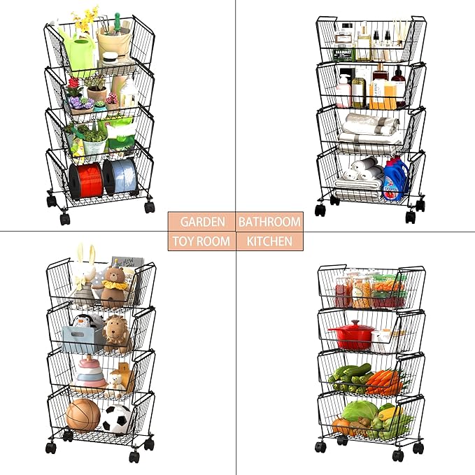 PUSDON 4-Tier Large Stackable Wire Storage Baskets with Wheels, Metal Rolling Utility Cart Organizer, Produce Basket for Kitchen Pantry, Floor Shelf, Matte Black