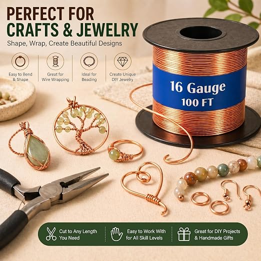 Therwen 100ft 16 Gauge Copper Wire for Gardening, Electroculture, Bonsai, Jewelry Making Beading DIY Craft Pure Bare Copper Wire Spool