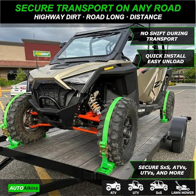 Wheel Chock Tie Down Kit, 4,400lb Break Strength — 4 Heavy Duty E-Track Tire Ratchet Straps & 8 Steel Wheel Chocks, Complete Trailer Tie Down System for ATV, UTV, Lawn Mower & SxS (Green)