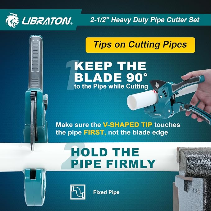 Libraton PVC Pipe Cutter, Up to 2-1/2", Ratchet Pipe Cutter Tool for PEX, PVC, PPR Plastic Hoses Plumbing, Heavy-Duty Pipe Cutter with Deburring Tool Replacement Blade, 2 Adjustable Cutting Ranges