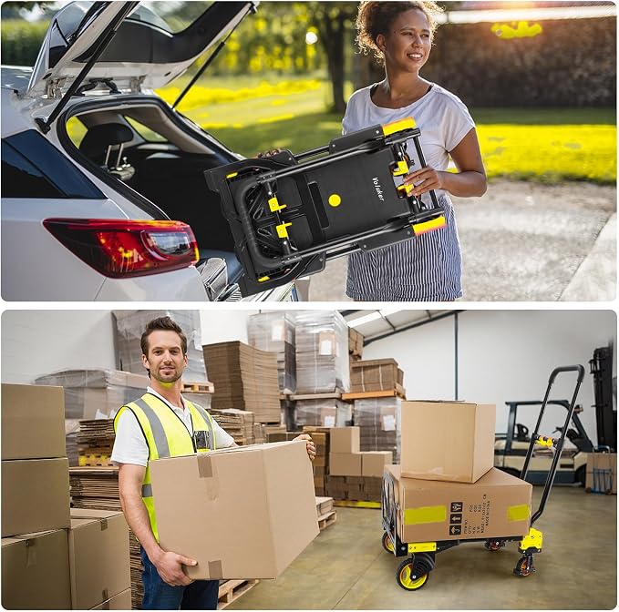 330LB Folding Hand Truck Moving Dolly, Hand Trucks Heavy Duty Combination of 4 Wheels and 2 Wheels Convertible Dolly Cart with Retractable Handle Dolly for Moving Office Carts(Yellow)