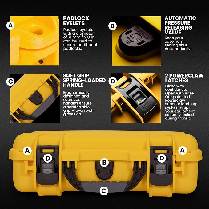 NANUK 910 Hard Case with Customizable Cubed Foam, IP67 Waterproof, Dustproof and Impact Resistant, 14.3” x 11.1” x 4.7”, Rugged Construction for Ultimate Protection, Made in Canada - Yellow