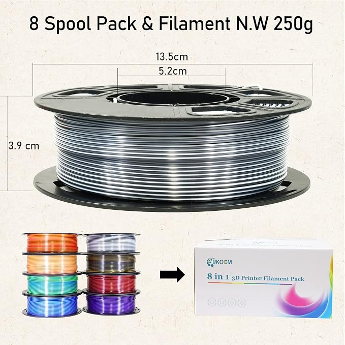 8 Spools Dual Color Silk PLA 3D Printer Filament Bundle, Silk White/Black, Red/Black, GoldBlack, PurpleBlack, Purple/Blue, Red/Gold, Green/Blue, Yellow/Pink, 1.75mm Bicolor Silk PLA 250gX8