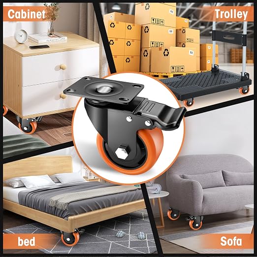 Casters, 3" Caster Wheels,Casters Set of 8 Heavy Duty - ASRINIEY Orange Polyurethane Castors, Top Plate Swivel Wheels, 8-Pack Industrial Casters with Brake, Locking Casters for Furniture and Workbench