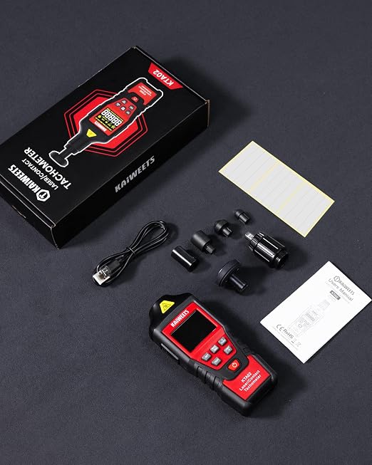 KAIWEETS 2-in-1 Laser & Contact Tachometer with Rechargeable Battery, Photo Sensor 10-99999RPM and Contact 1-19999RPM High Accuracy RPM Meter with Backlight Hold/MAX/MIN/AVG, HI/Low Alarm Function