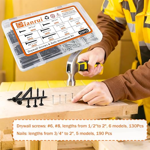 Dianrui Nails & Wood Screws Assortment Kit, 320 PCS #6#8 Philips Black Drywall Screws Set and High Hardness Hardware Small Nails for Picture Hanging/DIY Repair Project Length 1/2" to 2"