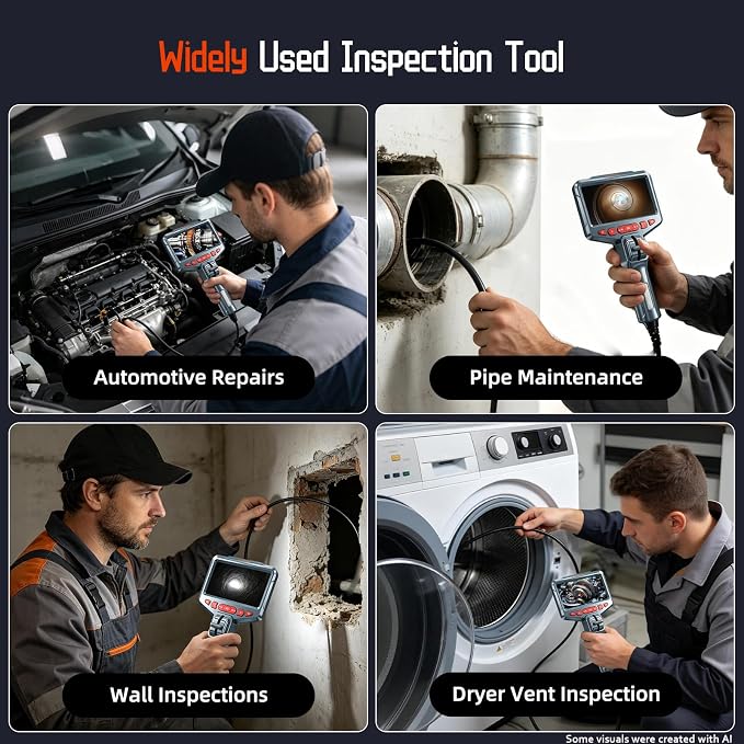 Two-Way Articulating Borescope, 1080P HD Industrial Endoscope Inspection Camera with 8 LED Lights, Mechanical Tool for Automotive, HVAC, Plumbing, IP67 Waterproof & 5ft Semi-Rigid Flexible Snake Probe