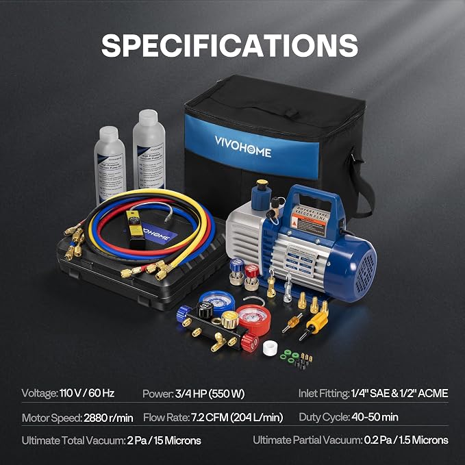 VIVOHOME 110V 3/4 HP 7.2CFM 2 Stage HVAC Vacuum Pump and 4 Way AC Manifold Gauge Set Kit with Leak Detector 5ft Hoses for R134a R12 R22 R502 R410a Auto Air Conditioning Refrigeration Recharging