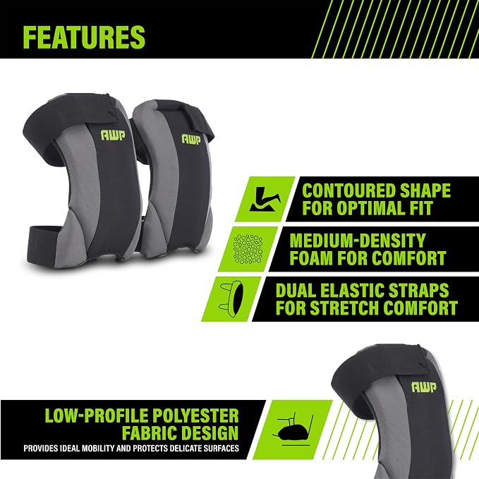 AWP Low-Profile Fabric Cap Work Knee Pads | Non-Marring Non-Scratching All-Day Comfort Knee Pads | One Size (10 Pairs)