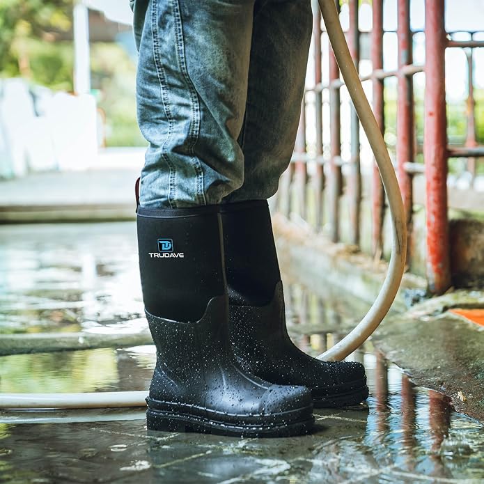 Trudave Rubber Boots for Men, Waterproof Rain Boots with Steel Shank & Reinforced Shell, 5mm Neoprene Insulated Knee Mud Boots for Outdoor Work Hunting Farming Fishing