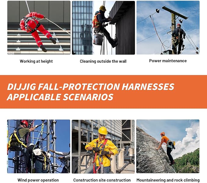 DIJJIG Safety Harness Fall Protection Kit Full Body Roofing Harnesses With Internal Shock Absorbing Lanyard, Orange Safety Harness For Construction OSHA/ANSI Compliant