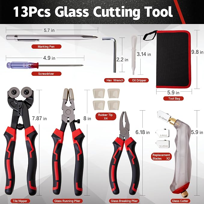 Glass Cutting Kit,8"Tile Nippers,8"Glass Running Pliers with Curved Jaws,6"Breaker Grozer Pliers,Glass Cutters Tools for 2-20MM Glass,Mosaic,Mirror