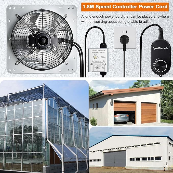 Hiorucet 7 Inch Wall Mounted Shutter Exhaust Fan with Thermostat and Speed Controller for Garage, Greenhouse, Shop, Attics, Chicken Coop, Shed, Basement, 760CFM 1600RPM Low Noise Louvered Exhaust Fan.