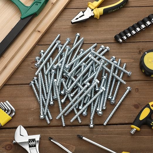 Tandefio 150 Pack 1/4 x 4 Concrete Screw Anchors Galvanized Large Diameter Heavy Duty Plated Concrete Anchors for Masonry Brick Anchoring Block Decking Framing Hex Drive