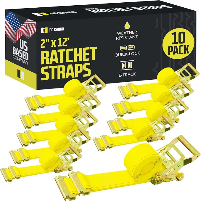 DC Cargo Mall E Track Ratchet Straps Cargo Tie-Downs, (Pack of 10) 2 x 12 Heavy Duty Yellow Tie-Down Rachet Straps, Strong Ratchet Strap, E Track Spring Fittings, Tie Down Motorcycle