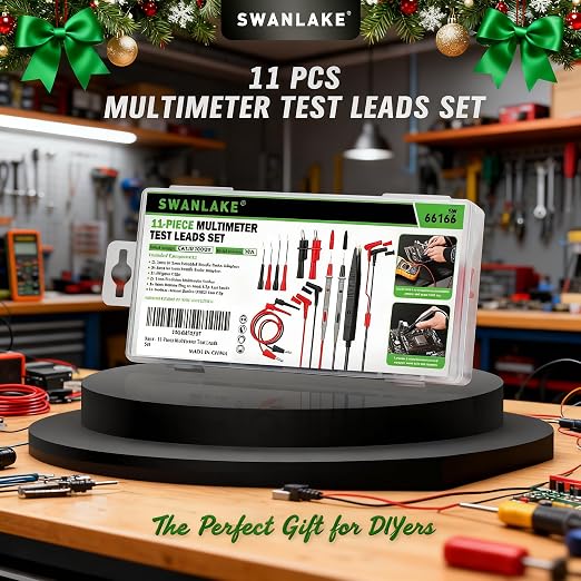 SWANLAKE 11-Piece Multimeter Test Leads Set, CAT III 1000V 20A Multimeter Probes with Alligator Clips, Needle Probe, Banana Plug to Hook Clip, Soft PVC Volt Meter Lead