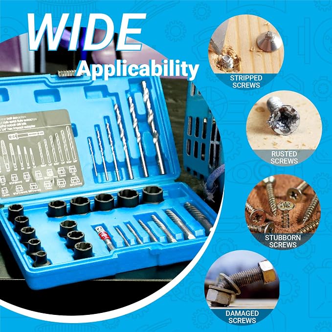 26-Piece Multi-Size Bolt Extractor Set, Spiral Screw Extractor, Bolt Extractor Set, with Right Hand Drill Bit, Stripped Bolt Remover, Borken Bolt Extractor Kit for Removing Nuts Bolts