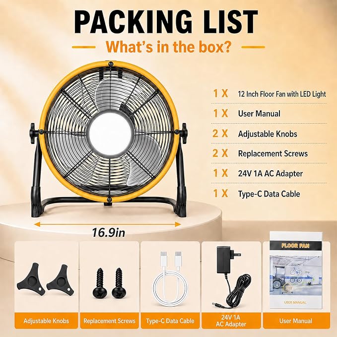 T-SUN 12 Inch Battery Powered Fan with LED Light, Portable Battery Operated Fan Compatible with DeWalt 20V Max Battery, Cordless Floor Fan with USB-C for Garage, Camping, Jobsite & Emergency
