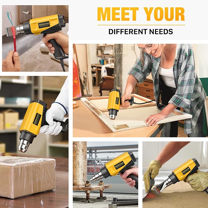 SEEKONE 1800W Heat Gun Compact Design Heavy Duty Hot Air Gun 122℉-1202℉(50℃- 650℃)Variable Temperature Control for 2 Speed Settings with 4 Nozzels for Crafts, Vinyl Wrap, Shrink Tubing