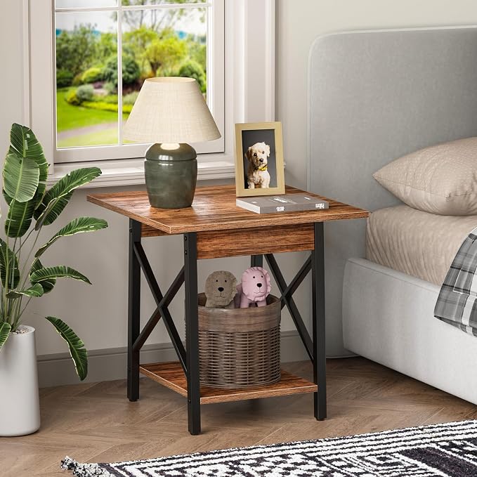 GreenForest Square End Table 24 Inch with X-Frame 2-Tier Storage | Nightstand for Living Room & Bedroom, Rustic Decor, Sturdy, Waterproof Scratchproof Top, Easy Assembly, Walnut