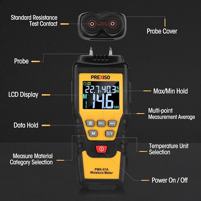 PREXISO 7-in-1 Digital Wood Moisture Meter & PREXISO Multi Surface Laser Level LED Light Vial, 30Ft Horizontal and Vertical Line Laser