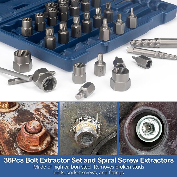 MABLEVI 36 Pcs Upgrade Screw Extractor Set, 3/8” Drive Multi-Spline Easy Out Bolt Extractor Set, Stripped Screw Removal Tool Kit for Removing Nuts Bolts with Solid Storage Case
