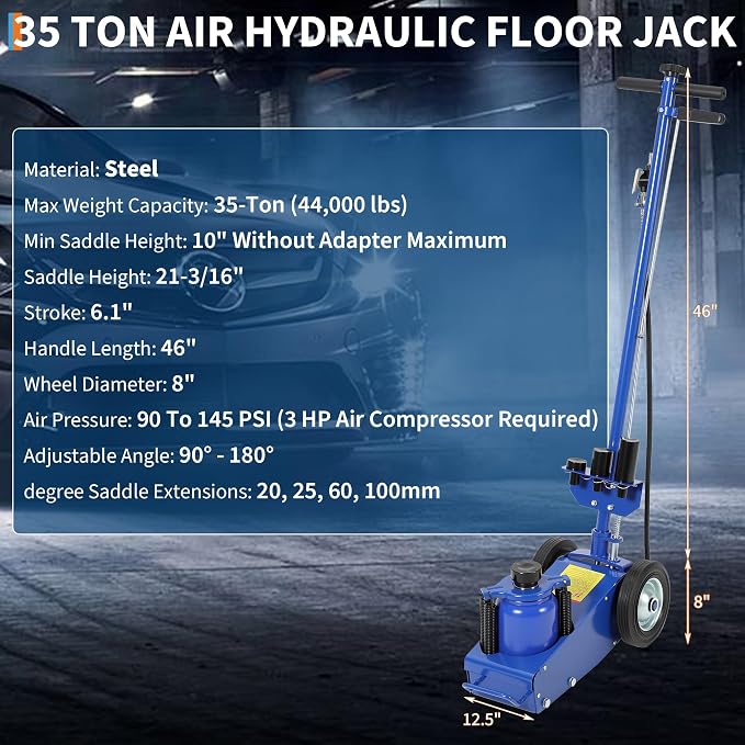35 Ton Air Hydraulic Floor Jack, 77,000 LBS Capacity Heavy Duty Truck Jack for Trucks & Tractors, Low Profile 10 Inch, Dual Power Air/Manual Hydraulic, 4 Adapters & Adjustable Handle