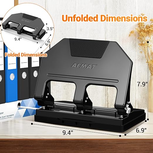 AFMAT 3 Hole Punch Heavy Duty, 9/32" Hole Diameter, 50-Sheet 3 Hole Puncher for Binder, 50% Reduced Effort, Metal Three Hole Punch w/ 10,000+ Uses, Bulit-in S.S. Paper Guide, Large Chip Tray, HPX5