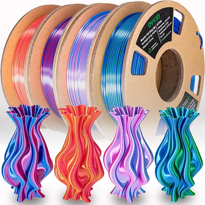 OVV3D Silk PLA 3D Printer Filament Bundle, Shiny Dual Color Filament 1.75mm Pack, Multi Color Change 3D Printing Filament for 3D Printer, 200g X 4 Spools of Red Gold Blue Green Sky-Blue