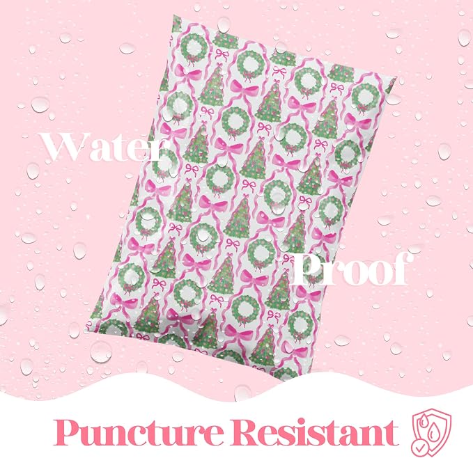14.5x19 Designer Poly Mailer 100 Pack Heavy Duty Waterproof Self Seal Shipping Bags for Small Business Large Mailing Envelopes Bulk Tear Resistant Packaging Coquette Christmas Holiday Bows