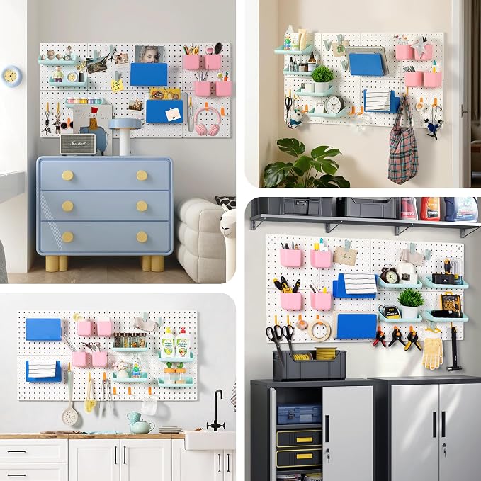 Wall Mounted Key Hooks Organizer with Pegboard Panel, 44"x22" Heavy Duty Pegboards with 2 Installation Methods, Hanging Wall Storage for Home, Garage & Office, White