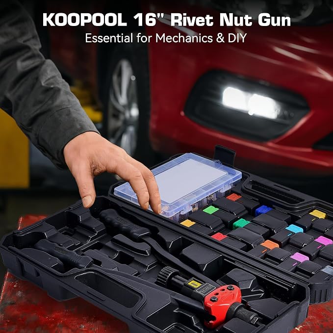KOOPOOL 16" Rivet Nut Tool Kit, Heavy-Duty Rivnut/Nutsert Tool with 7 Mandrels (M6, M8, M10, 1/4"-20×2, 5/16"-18, 3/8"-16) & 70 Rivet Nuts, Rugged Rivnut Tool Kit with Carrying Case (16")