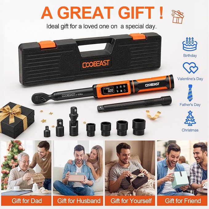 coobeast 3/8 Digital Torque Wrench,Adjustable Electric Torque Wrench Tool Set with Preset Value(1.5-99.5 Ft-lbs./2-135 Nm),with Buzzer and LED Alert, Portable Wrenches Set for Bike Motorcycle(Black)