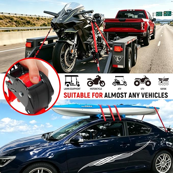 Retractable Ratchet Straps (Patented-2pack) - 1 inch x 10Feet (1,800lb Break Strength) Auto Self Retracting Tie Down Straps - Self Retractable Straps with Refletcive for Motorcyle, Truck or Cargo