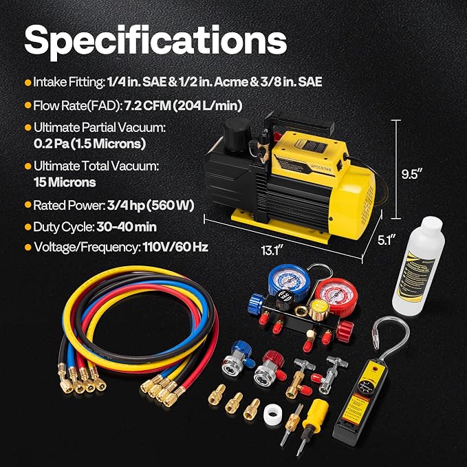 SPECSTAR 3/4 HP 7.2 CFM 2 Stage HVAC Vacuum Pump and 4 Way AC Manifold Gauge Set with Leak Detector 5ft Hoses & Accessories for R134a R12 R22 R502 R410a Auto Air Conditioning Refrigeration Recharging