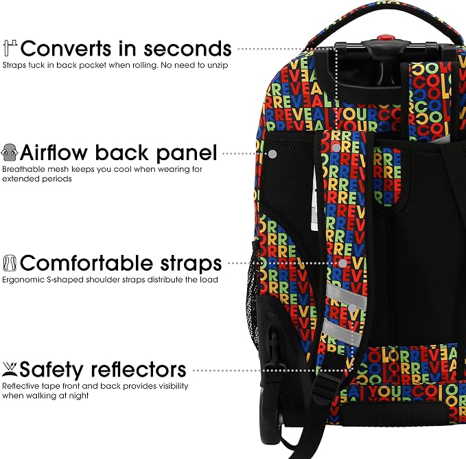 J World Sundance Laptop Rolling Backpack for Girls Boys. Roller Bookbag with Wheels, 20 Inch, RYC