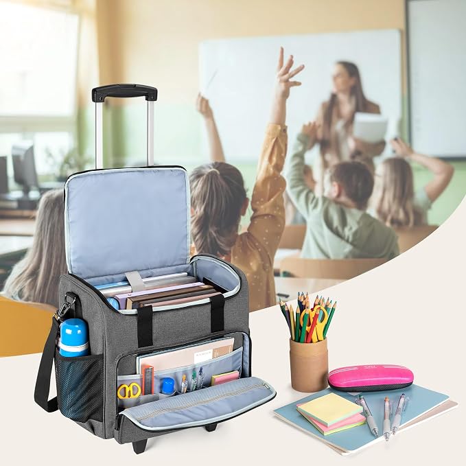 Trunab Rolling Teacher Bag, Teacher Tote Bag with Bottom Pad and Detachable Trolley, Wheeled Teacher Bag with Padded Sleeves Holds up to 15.6” Laptop