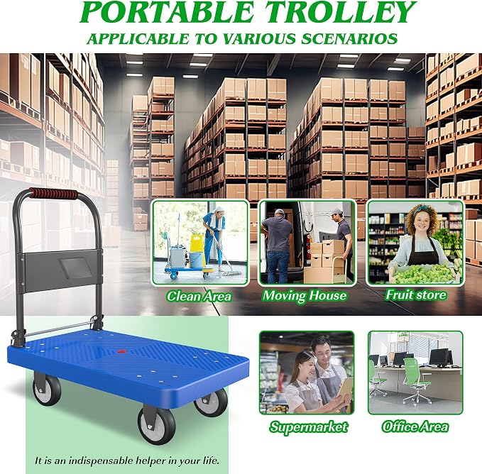 Platform Truck, 880lbs Capacity Heavy-Duty Foldable Hand Cart w/ 360° Swivel Wheels, 4 Steel Pipe Support Beams Push Dolly Cart for Warehouse Garage Home Use (27" Lx18 Wx31.5 H)